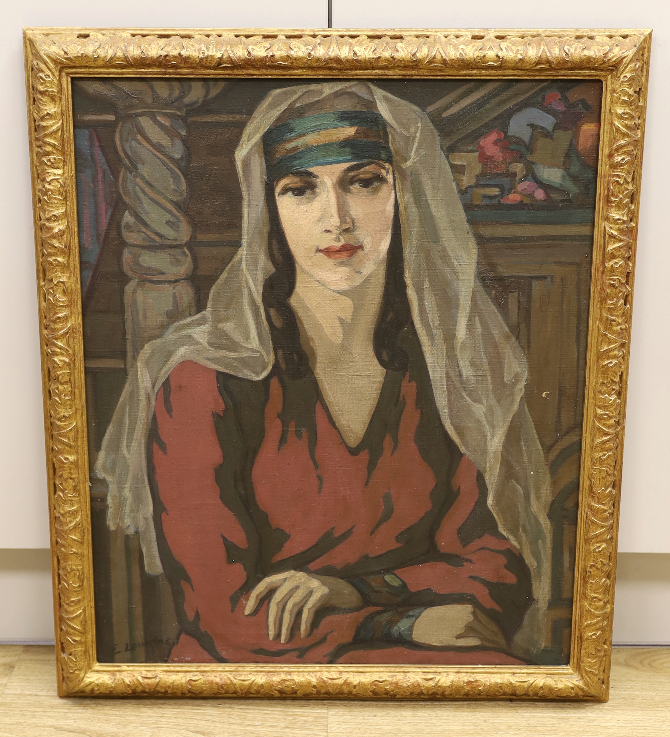 E. Loukine, oil on canvas, Portrait of a woman wearing a head-dress, signed, 63 x 53cm